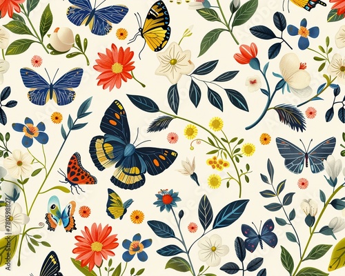 Design a vector pattern featuring motifs inspired by spring  such as floral patterns  butterflies  and springtime animals  suitable for use in textiles  stationery