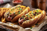 Chili hot dogs with shredded cheese and chopped green onions