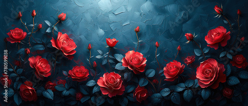 painting of red roses on a blue background with leaves