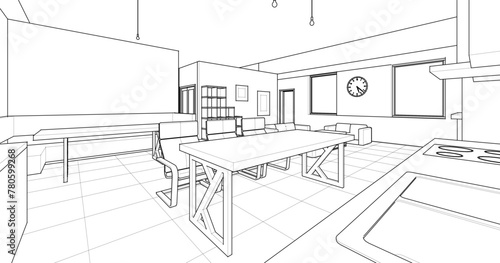 interior kitchen living room 3d illustration 