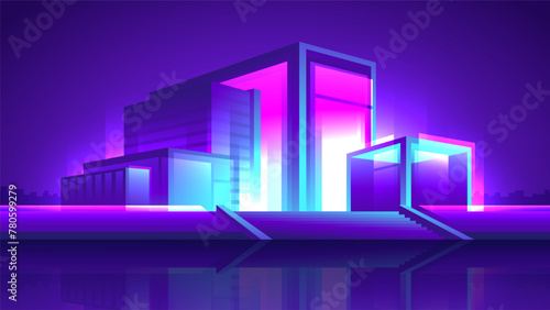Modern shining neon mall. Business office building night illustration.