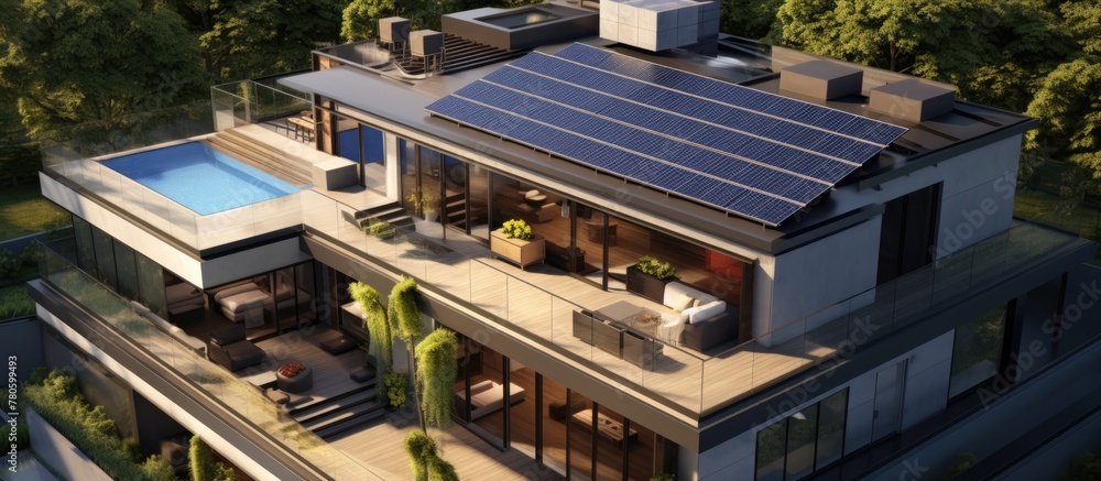 Bird's-eye perspective of a contemporary home with a level roof adorned with solar panels. Bird's-eye perspective of a contemporary home with a level roof adorned with solar panels.