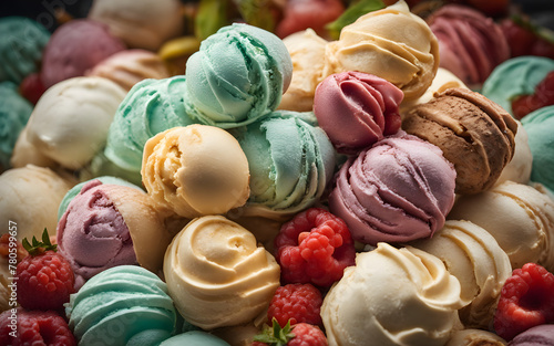 Italian gelato  assorted flavors  pastel colors  bright sunny Italian streets background