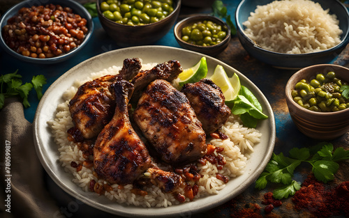 Jamaican jerk chicken, spicy, grill marks visible, side of rice and peas, vibrant background.