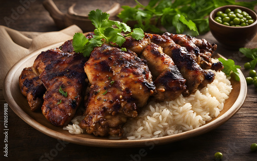 Jamaican jerk chicken, spicy, grill marks visible, side of rice and peas, vibrant background.