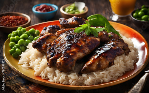 Jamaican jerk chicken, spicy, grill marks visible, side of rice and peas, vibrant background. photo