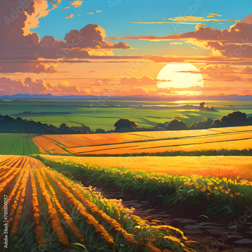 field on sunset background in vector style