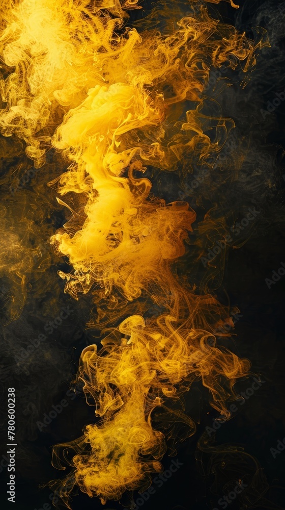 A vivid yellow smoke ascends vertically, creating a vibrant column against the dark backdrop, full of movement and flow. - obrazy, fototapety, plakaty 
