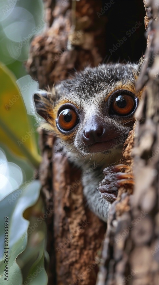 Fototapeta premium A small lemur animal peeking out of a tree hole with its eyes open, AI