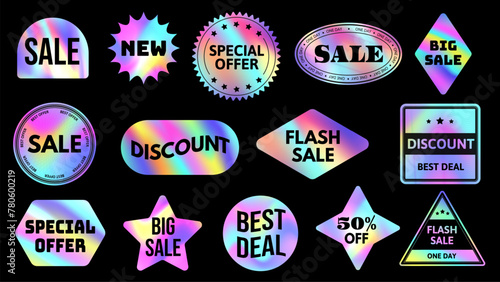 Promotional holographic stickers. Iridescent neon gradient sale and discount badges vector set