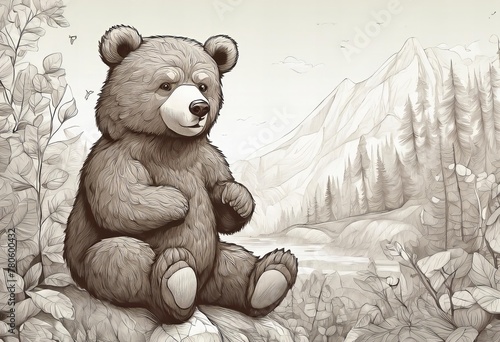 bear is sitting on a rock in a forest