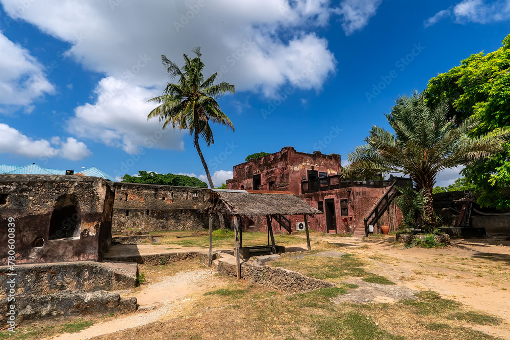 old fort Jesus in Kenyan city of Mombasa on the coast of the Indian Ocean. Fort Jesus is a Portuguese fortification in Mombasa, Kenya. It was built in 1593 - obrazy, fototapety, plakaty 