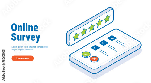 Online survey isometric vector concept. Putting check mark on checklist on smartphone. Survey from filling. Business organization and planning concept. Flat isometric Illustration.