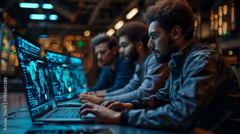 Tech Team Monitoring Data in Network Operation Center. Dedicated team of technicians intensely monitors data on multiple screens in a network operations center.