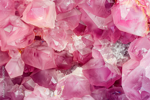 pink amethyst gem crystals background  top view