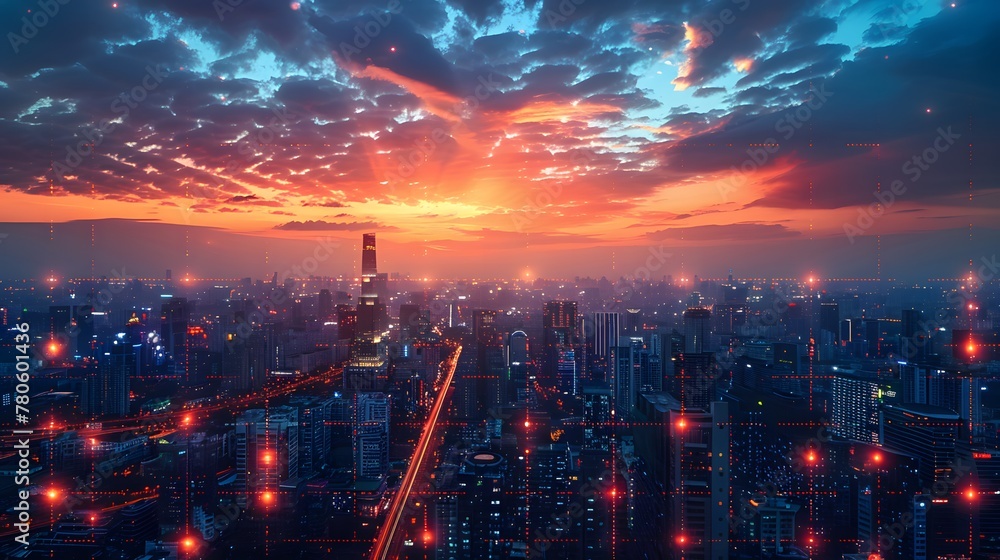 A blockchain powered city floating in the sky, with data streams as roads
