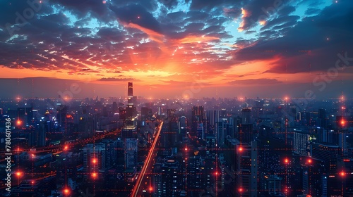 A blockchain powered city floating in the sky  with data streams as roads