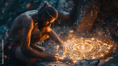 A caveman inventing the wheel, inspired by a futuristic hologram of cryptocurrency coins photo