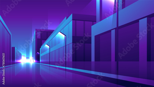 Illustration in perspective of a night empty street. Horizontal cityscape with business buildings.