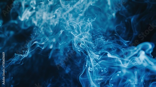 A blue smoke with swirling patterns against a black background, creating an abstract and mysterious atmosphere. The smoke forms delicate shapes that resemble human figures or animals