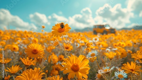 A busy bee flits around a vibrant flower, a dynamic dance on a bright summer day photo