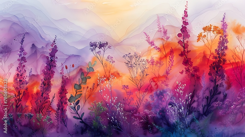 An abstract watercolor painting of an herbal ensemble, where the fluidity of the watercolors blends the shapes and colors of various herbs.