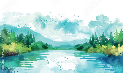 watercolor illustration lake in the mountains