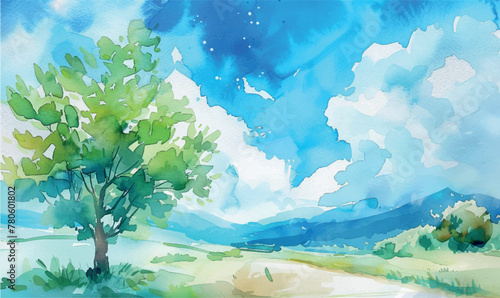 watercolor colorful illustration landscape with tree sky and clouds