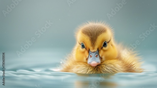 Close-up of a cute duckling gently floating on calm waters, with a soft gaze and delicate feathers.