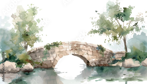 watercolor background illustration stone bridge over the river