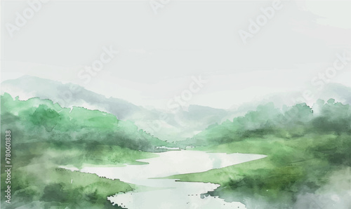 watercolor background illustration misty morning on the river