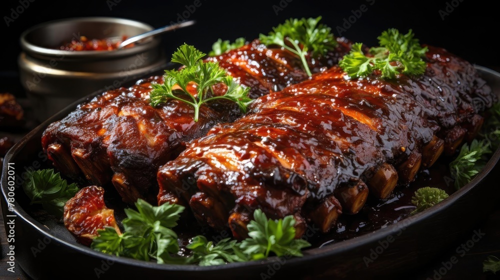 Realistic grilled barbeque with melted barbeque sauce and cut vegetables, black and blur background Realistic grilled barbeque with melted barbeque sauce and cut vegetables, black and blur background