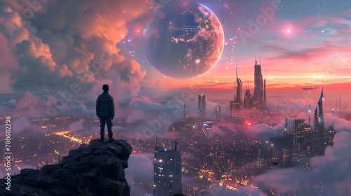 A lone figure stands on a cliff edge, gazing at a sprawling sci-fi cityscape with floating vehicles and a giant planet rising in the twilight sky.