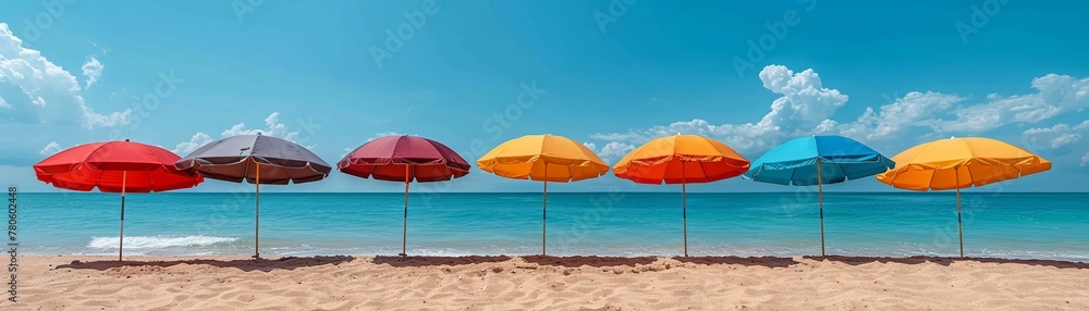 Clipart collection of beach umbrellas, offering colorful shade on sandy shores, a summer essential cinematic
