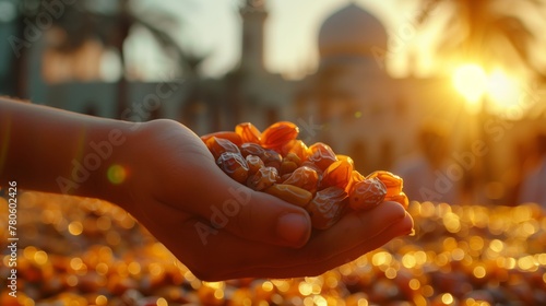An open hand presents a cluster of dates with a warm sunset and the silhouette of a mosque in the background, signifying generosity and tradition.