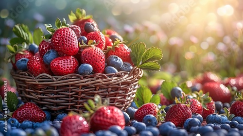 Berries basket, strawberries and blueberries peeking out, against a sunny field backdrop photo