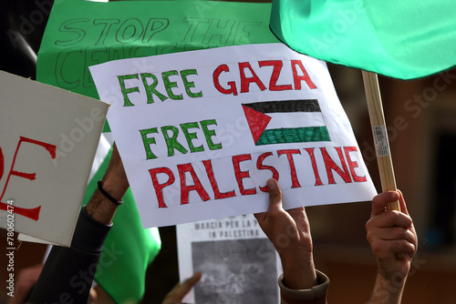 Cassino, Italy - March 29, 2024. March against the war in Palestine, sign with the words 