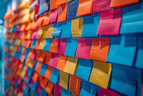 Colorful Sticky Notes on Brainstorming Board. Close-up of a vibrant array of sticky notes on a brainstorming board, indicative of creative planning and project management. photo