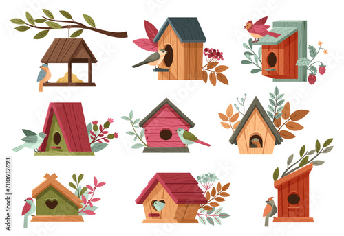 Cartoon birds and starling boxes. Little bird feeder and rustic wooden homes with floral decorations vector illustration set