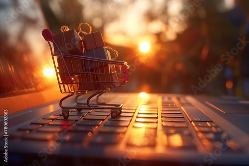 Shopping Cart on Laptop Keyboard at Sunset. Symbolic representation of online shopping with a small shopping cart on a laptop keyboard against a warm sunset background. photo