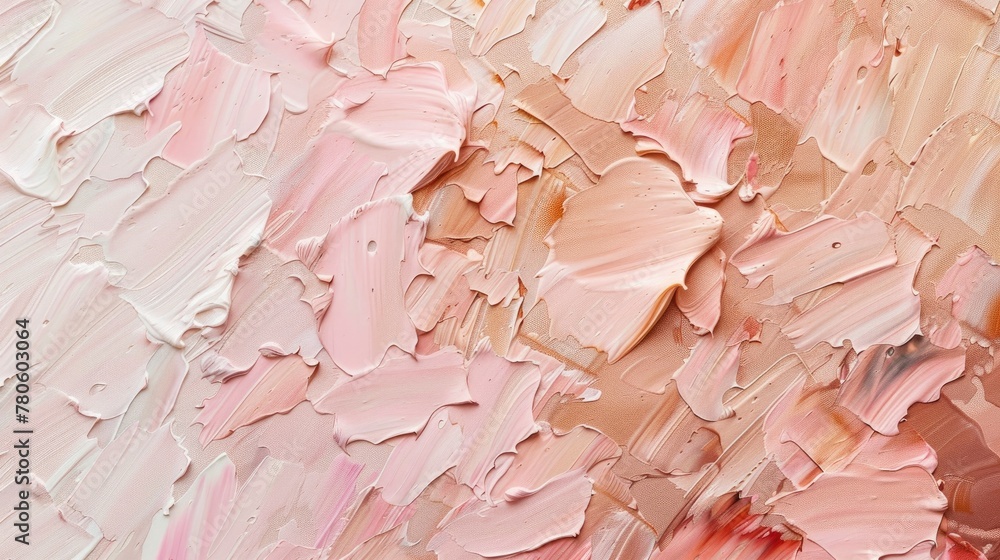 A closeup of an oil painting, featuring soft pastel pink and brown tones. The brushstrokes create intricate patterns on the canvas, with visible strokes that give depth to each stroke.