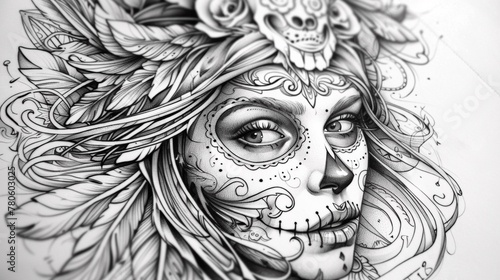 A drawing of a woman with skull makeup, AI