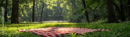 Red and white checkered blanket spread on a verdant meadow, a classic symbol of picnic fun