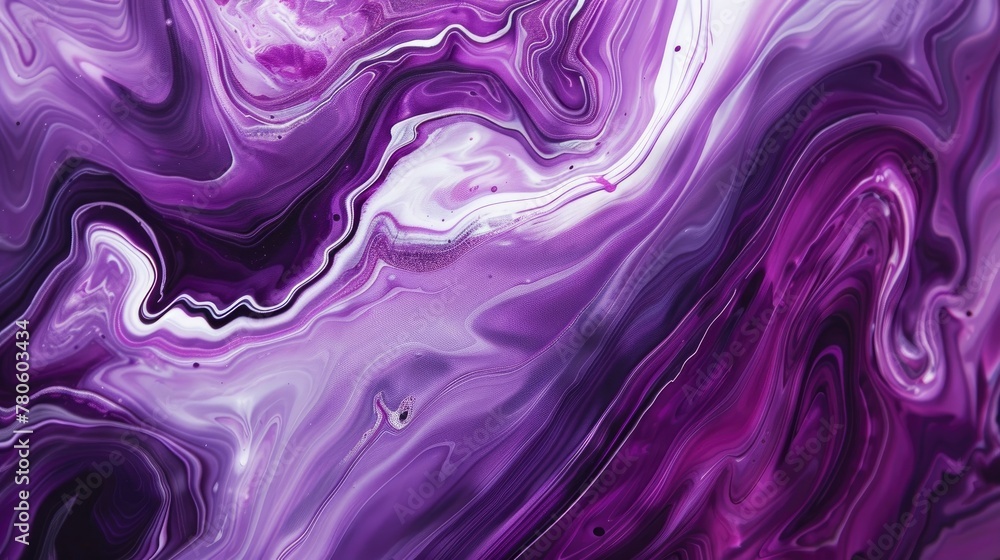 A closeup of purple and white acrylic paint swirling together, creating an abstract pattern on the canvas - obrazy, fototapety, plakaty 