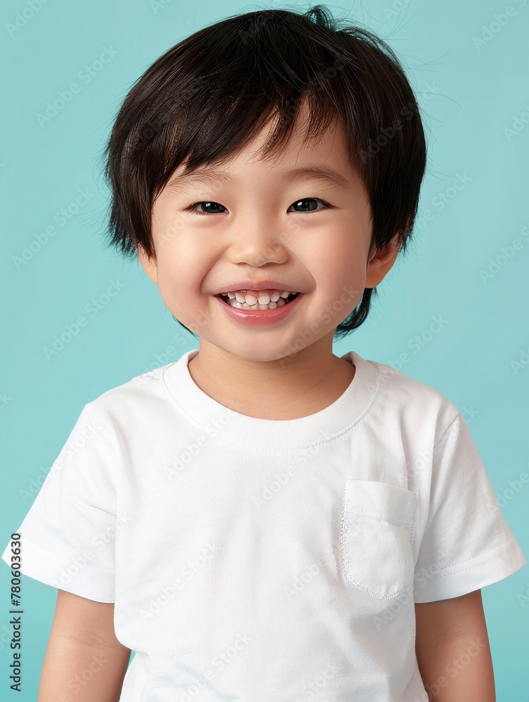 Delighted Asian toddler in a white tee, pastel clear background, perfect for advertising in a children's t-shirt store. Delighted Asian toddler in a white tee, pastel clear background, perfect for advertising in a children's t-shirt store.