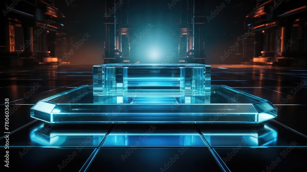 glass podium product stand or display with modern style, blur background and cinematic light glass podium product stand or display with modern style, blur background and cinematic light