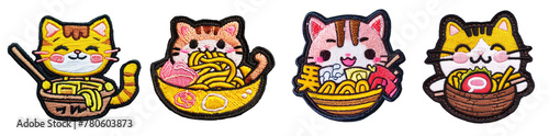 Cute ramen kitty embroidered patch badge set on transparent background 