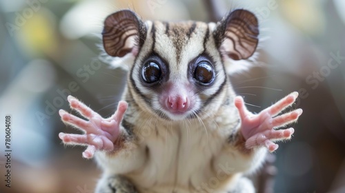 A wideeyed sugar glider, hands up in surprise, a crystalclear question mark sparkling © kitinut