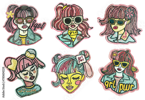 Girl power stylish embroidered patch badge set on transparent background 