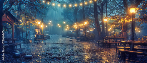 Mysterious Foggy Park at Night  Creating a Scene of Quiet Solitude with Dimly Lit Paths and Rain-Slicked Benches